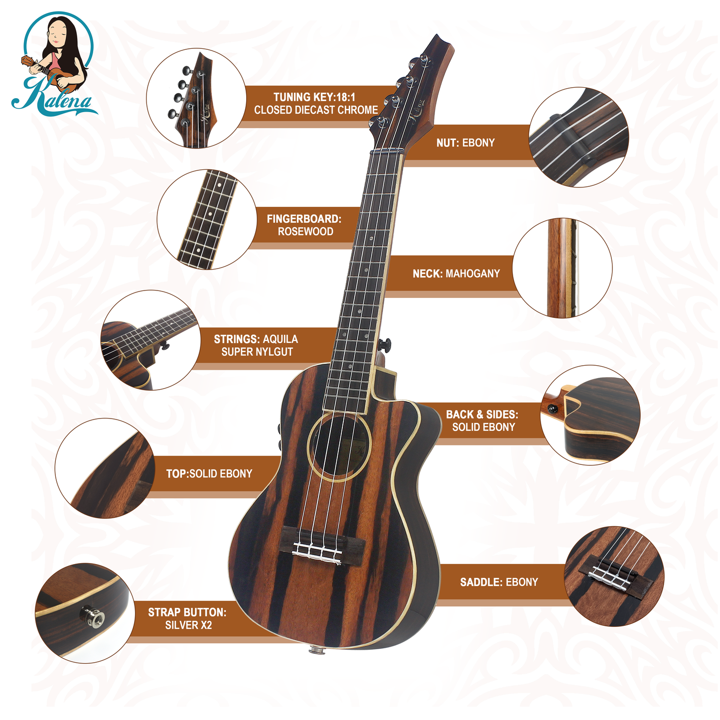 Kalena Thinline Java Ebony Tenor FX Ukulele