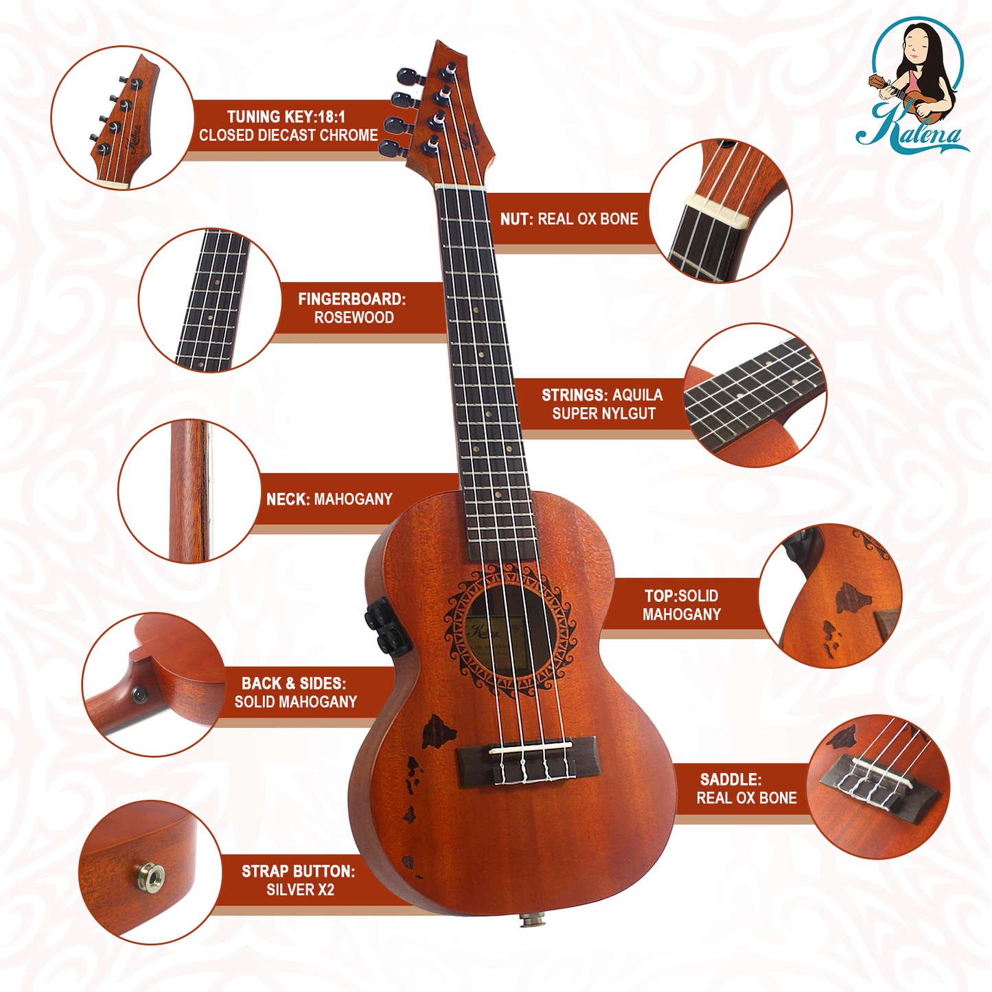 Kalena Hawaiian Islands Edition Tenor FX Ukulele Thinline