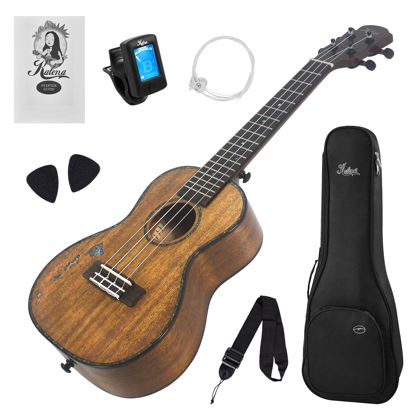 Kalena Solid Mahogany Top Tenor Ukulele Hawaiian Islands Abalone Inlay Complete Set