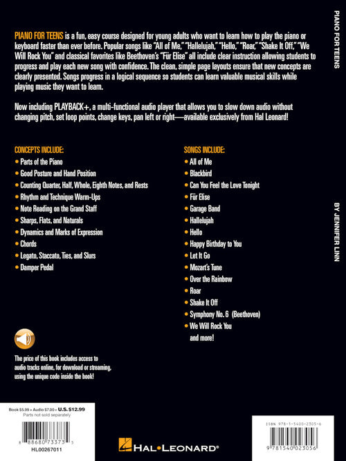 Hal Leonard Piano for Teens Method A Beginner's Guide with Step-by-Step Instruction for Piano