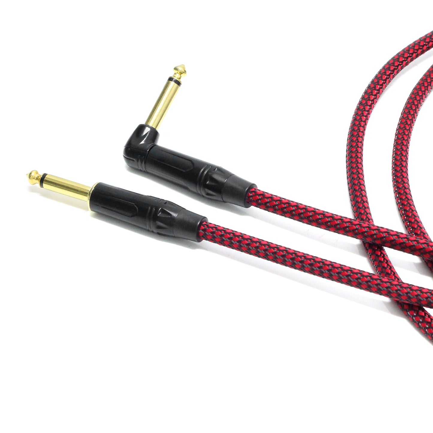 Kalena Gold-plated TS 1/4" shielded cable with one L and one straight connector and aluminum cover - Kalena Instruments / Red & Black woven