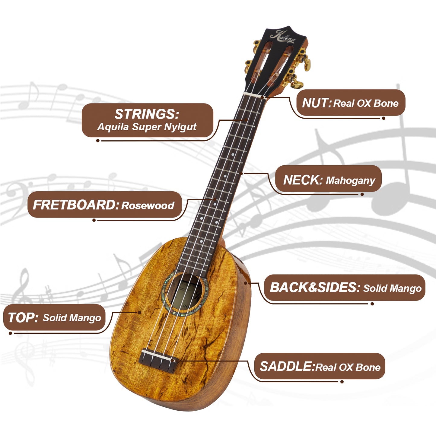 Kalena Solid Mango longneck Pineapple Ukulele with Extra Wide Fretboard Complete Set