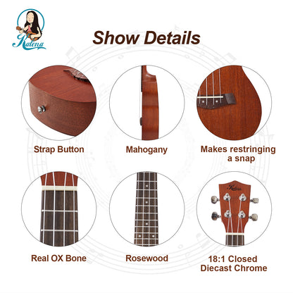 Kalena LM series Concert Ukulele Traditional Edition Complete Set: Strings, Picks, Strap, Digital Tuner, Padded Case, Starter Guide
