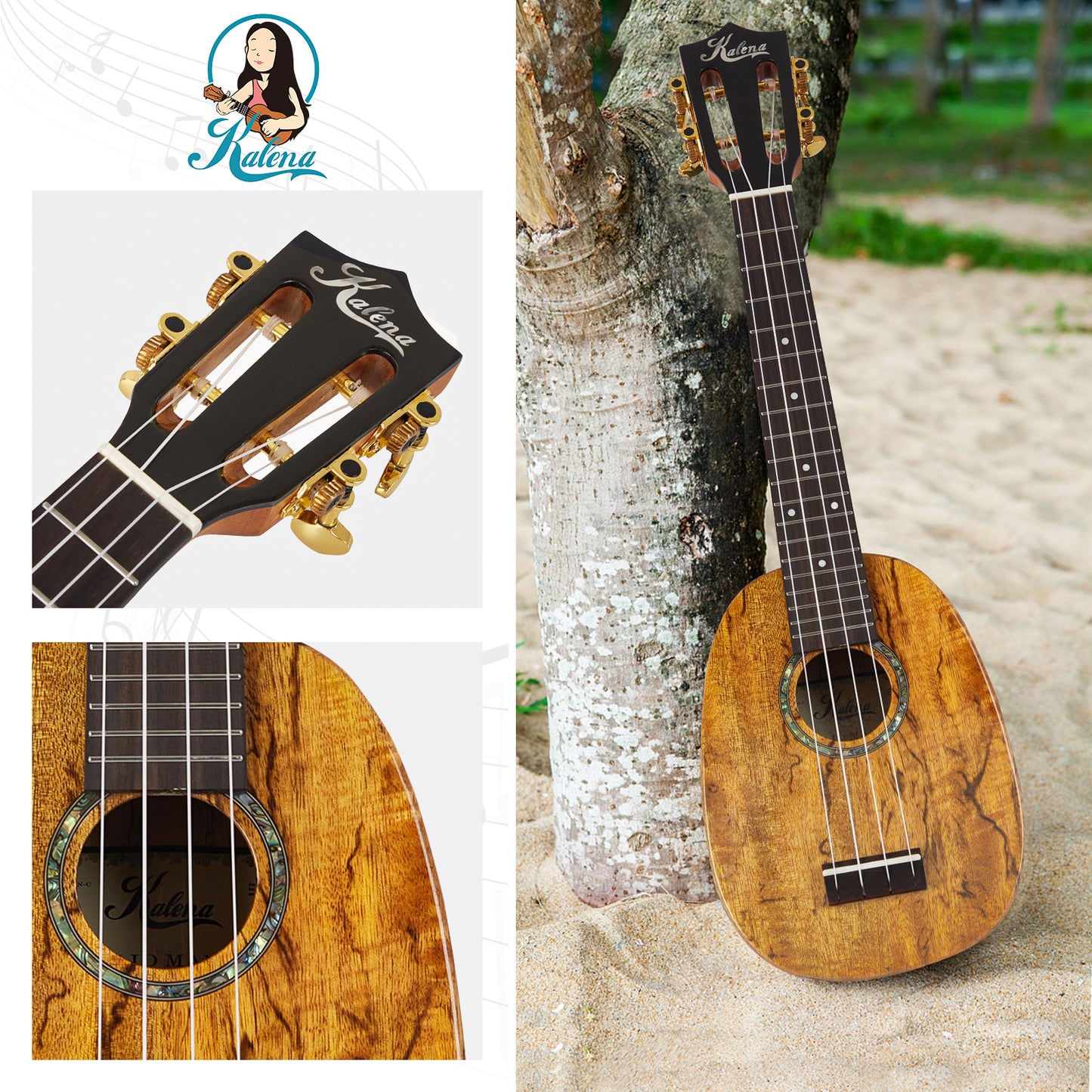 Kalena Solid Mango longneck Pineapple Ukulele with Extra Wide Fretboard Complete Set