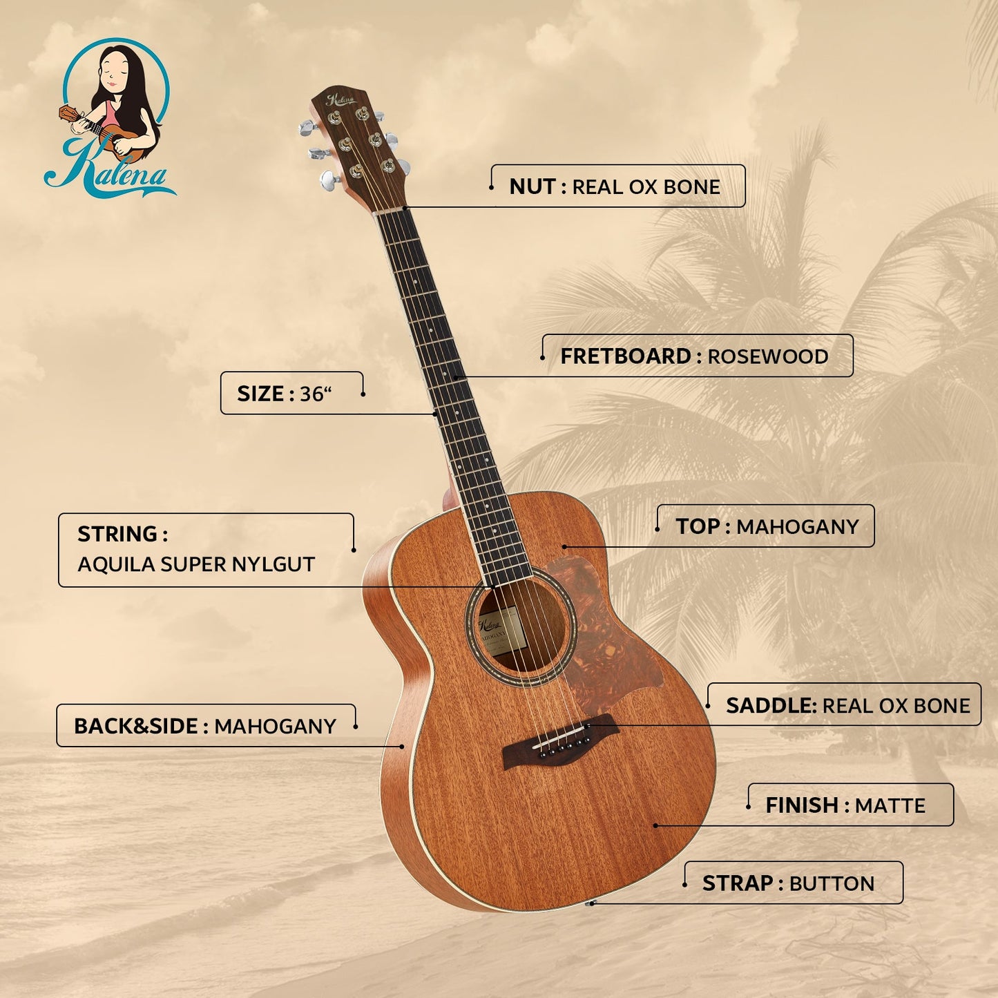 Kalena KM34 Mahogany 34 inch Baby Acoustic Guitar Complete Set
