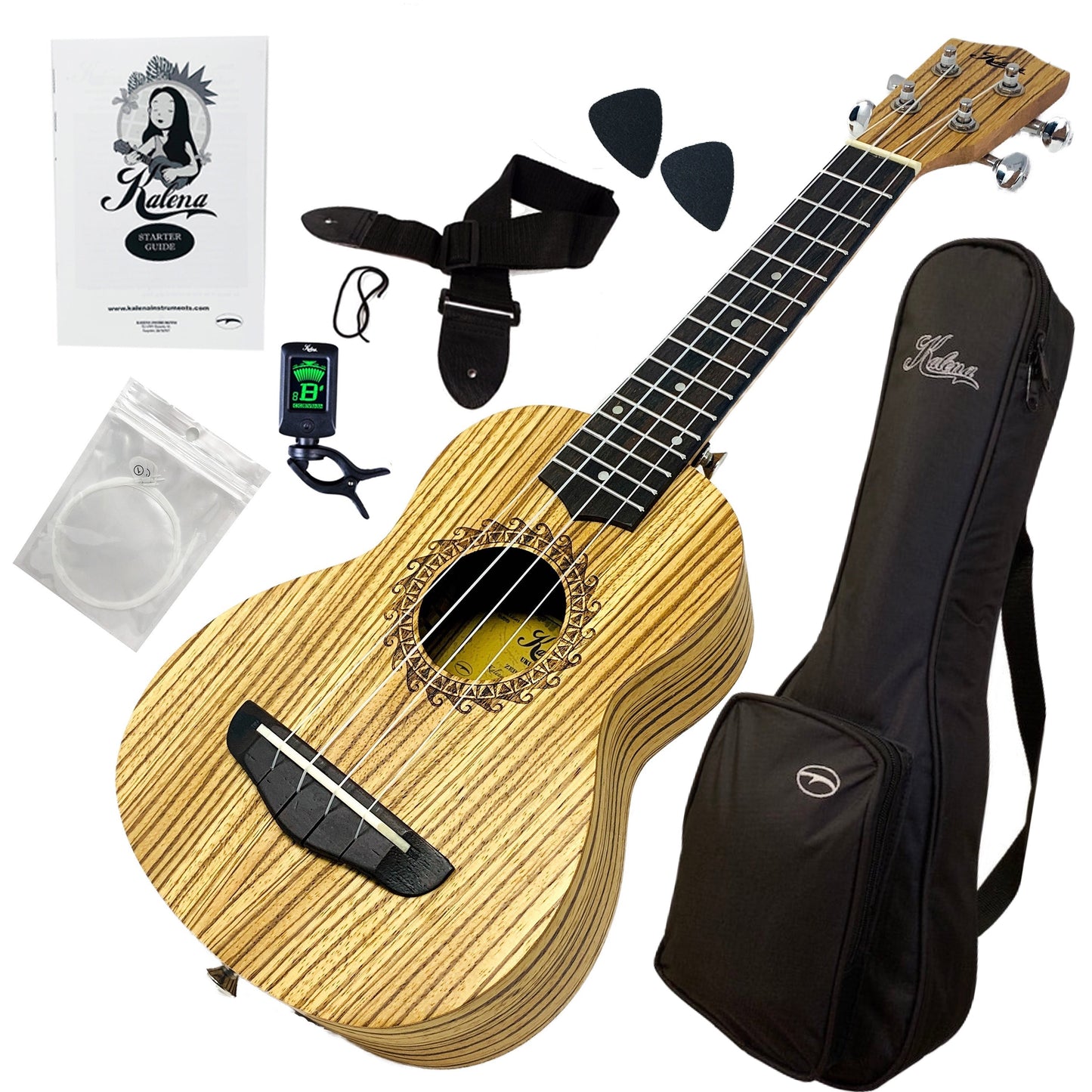 Kalena Tenor Zebrawood Sun Engraving Ukulele