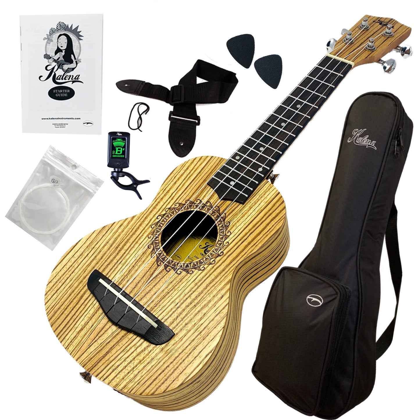 Kalena Tenor Zebrawood Sun Engraving Ukulele Complete Set: Strings, Picks, Strap, Digital Tuner, Padded Case, Starter Guide