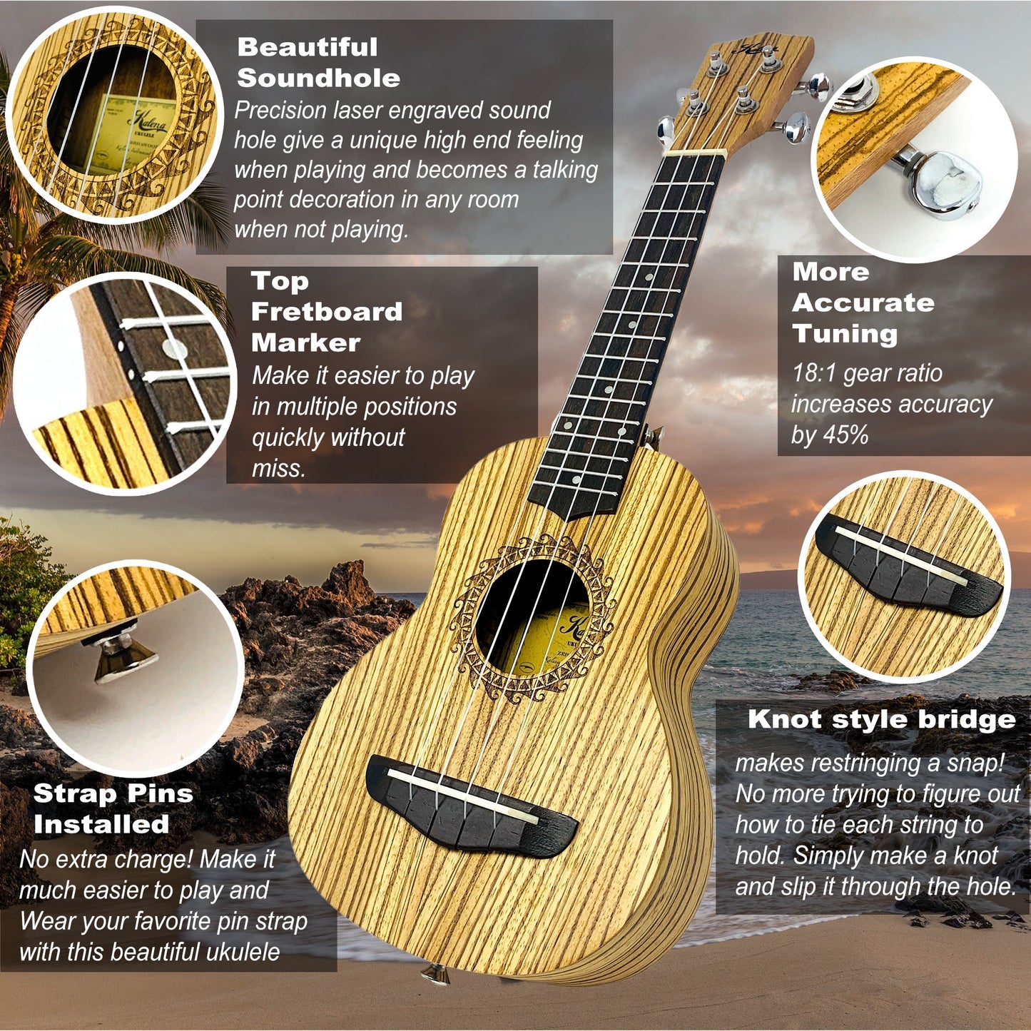 Kalena Zebrawood Sun Engraving Ukulele Complete Set - Kalena Instruments / 21" Soprano