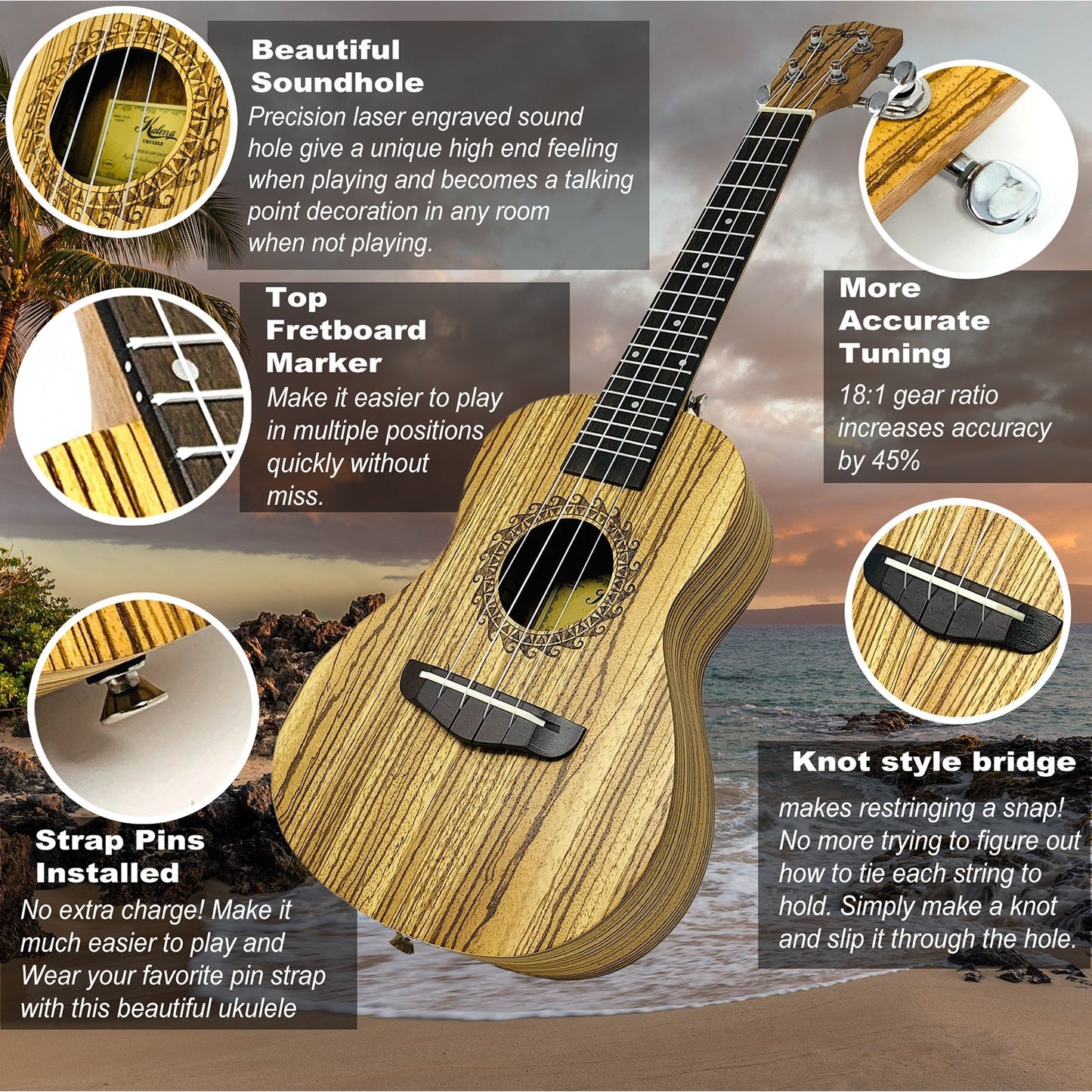 Kalena Zebrawood Sun Engraving Ukulele Complete Set - Kalena Instruments / 24" Concert