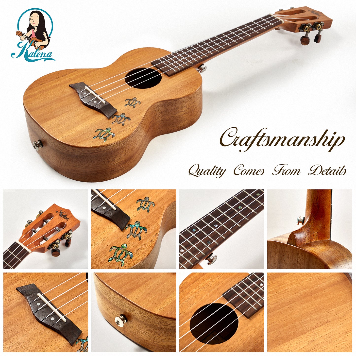 Kalena All Solid Mahogany Concert Ukulele with Inlay Turtle