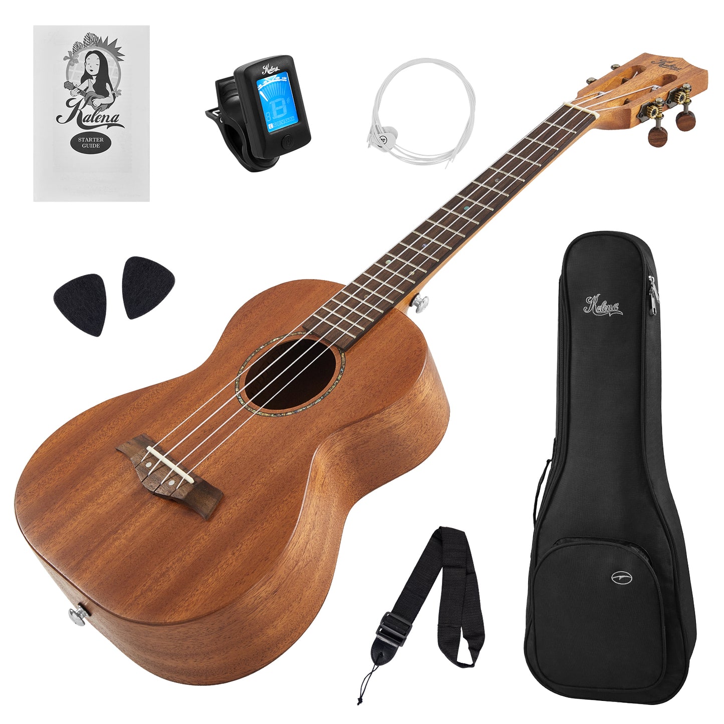 Kalena All Solid Mahogany Classical head Tenor Ukulele Complete Set: Strings, Picks, Strap, Digital Tuner, Padded Case, Starter Guide