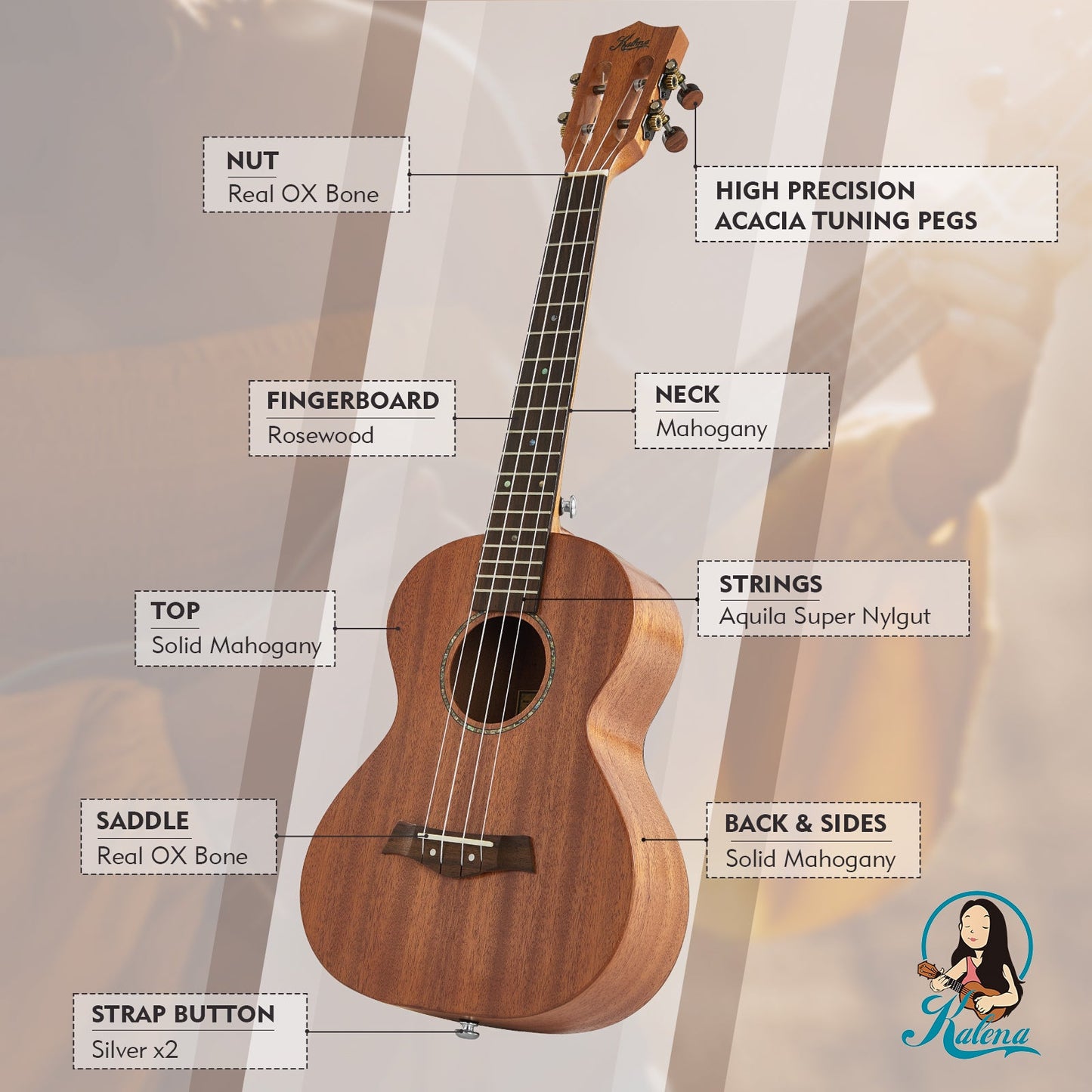 Kalena All Solid Mahogany Classical head Concert Ukulele