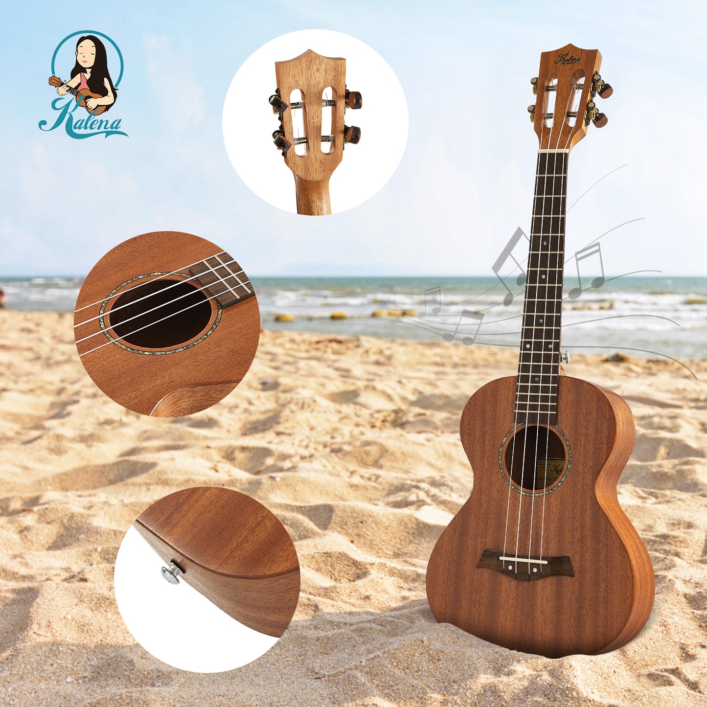 Kalena All Solid Mahogany Classical head Tenor Ukulele Complete Set: Strings, Picks, Strap, Digital Tuner, Padded Case, Starter Guide