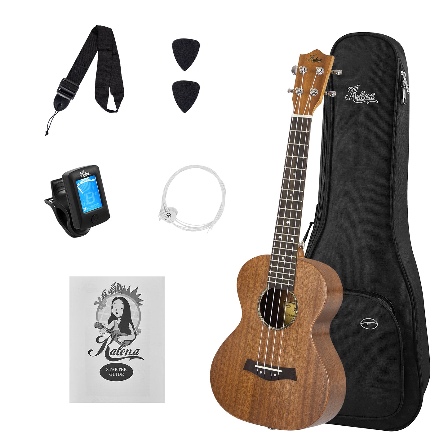 Kalena All Solid Sapele Tenor Ukulele with extra wide fretboard Complete Set: Strings, Picks, Strap, Digital Tuner, Padded Case, Starter Guide