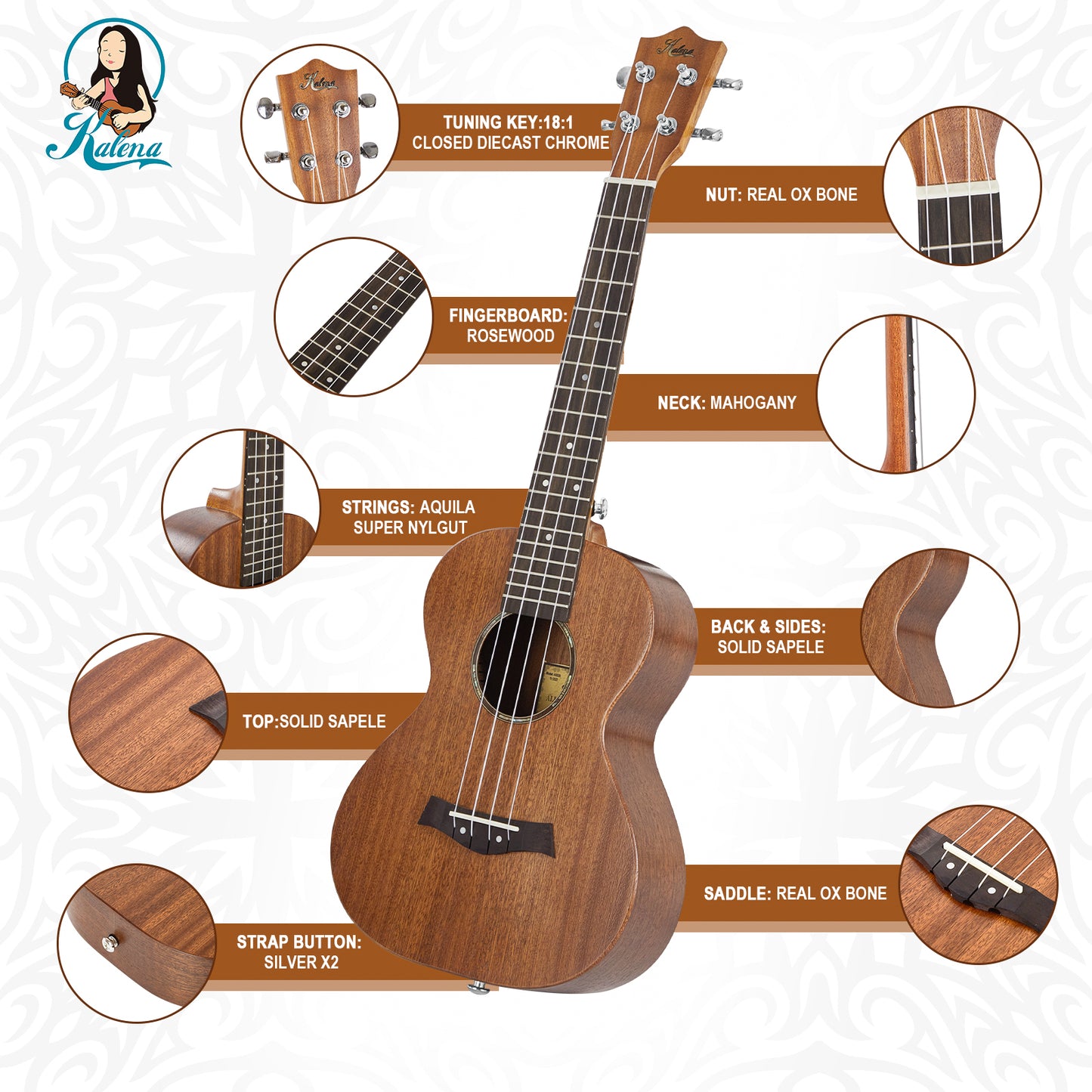 Kalena All Solid Sapele Tenor Ukulele with extra wide fretboard Complete Set: Strings, Picks, Strap, Digital Tuner, Padded Case, Starter Guide