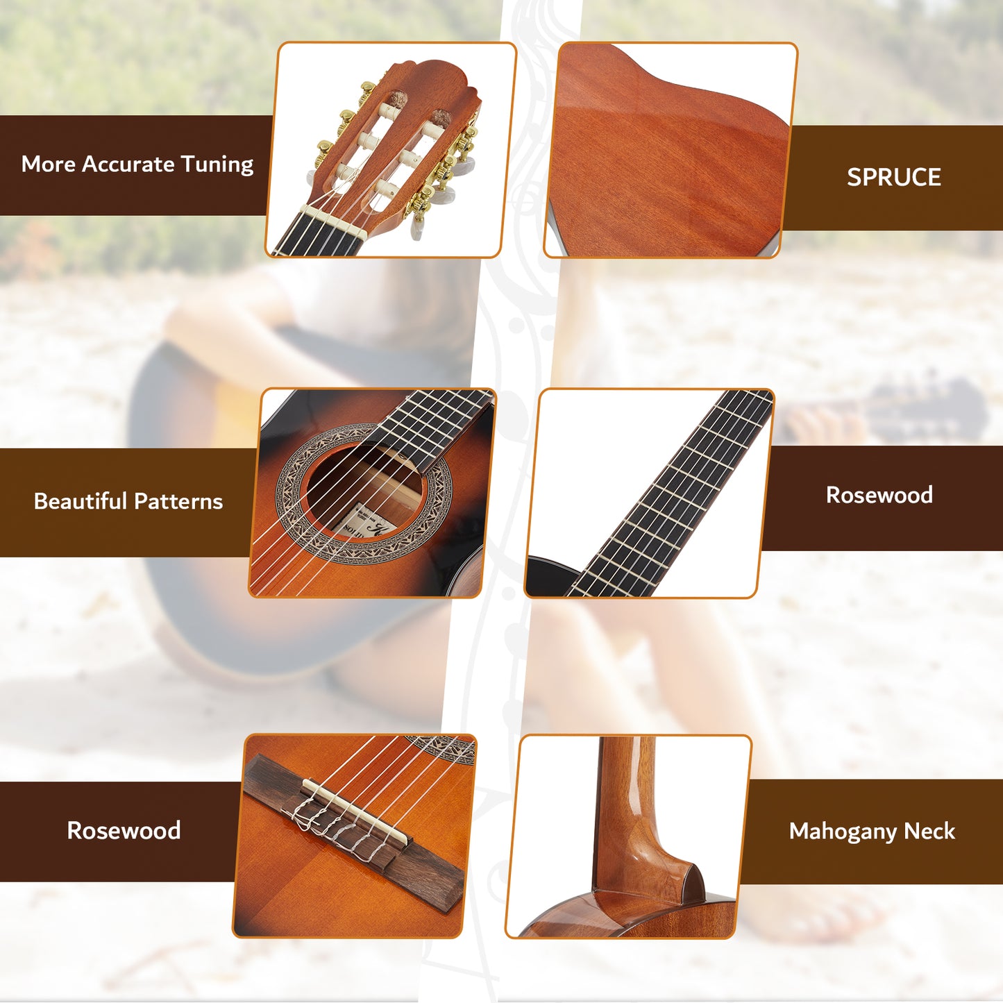 Kalena Sunburst T6 Solid mahogany Top Classical Guitar 36 inch Mini Complete Set