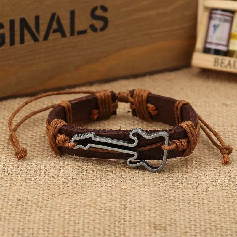 Alloy Guitar Pattern Leather Drawstring Rope Bracelet - Kalena