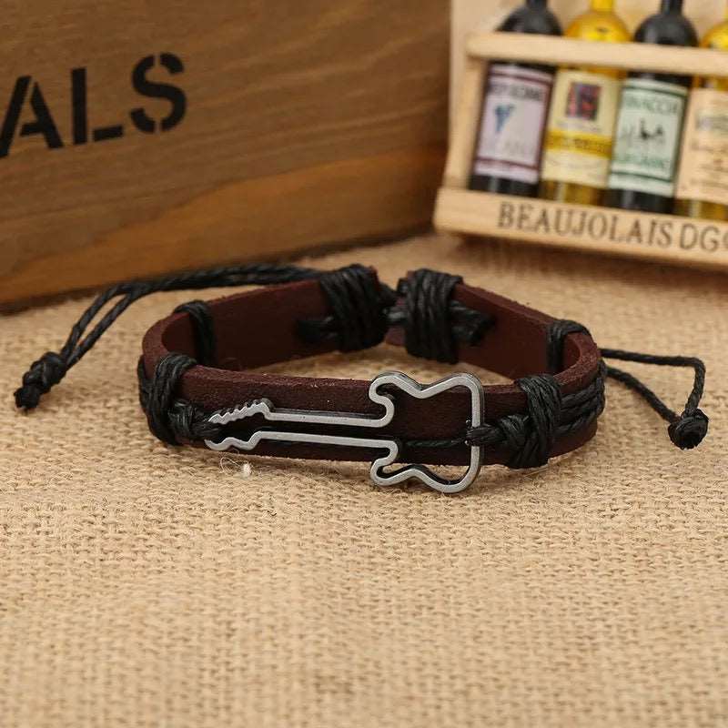 Alloy Guitar Pattern Leather Drawstring Rope Bracelet - Kalena