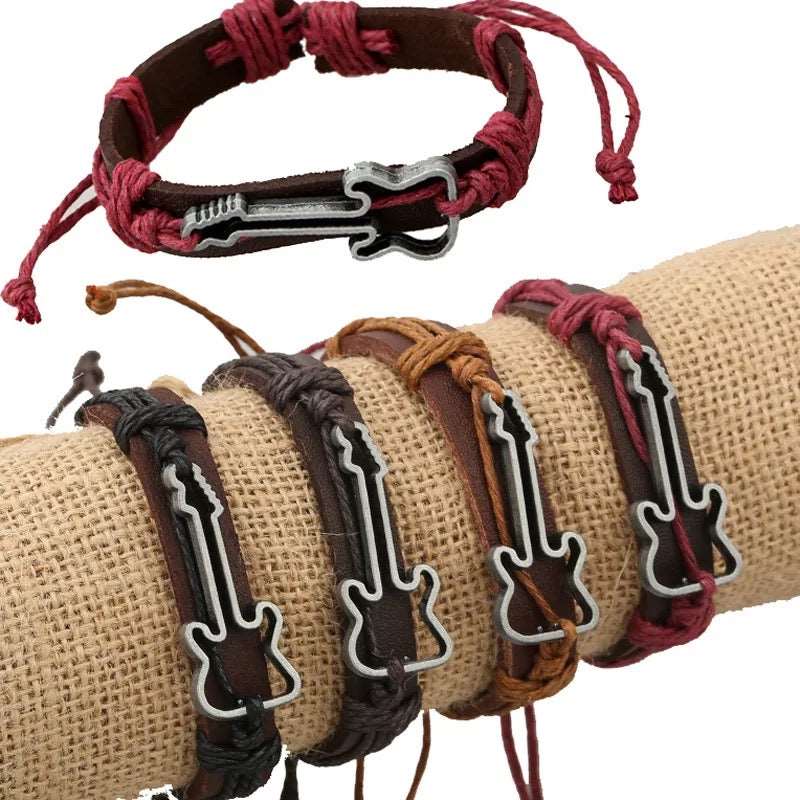 Alloy Guitar Pattern Leather Drawstring Rope Bracelet - Kalena