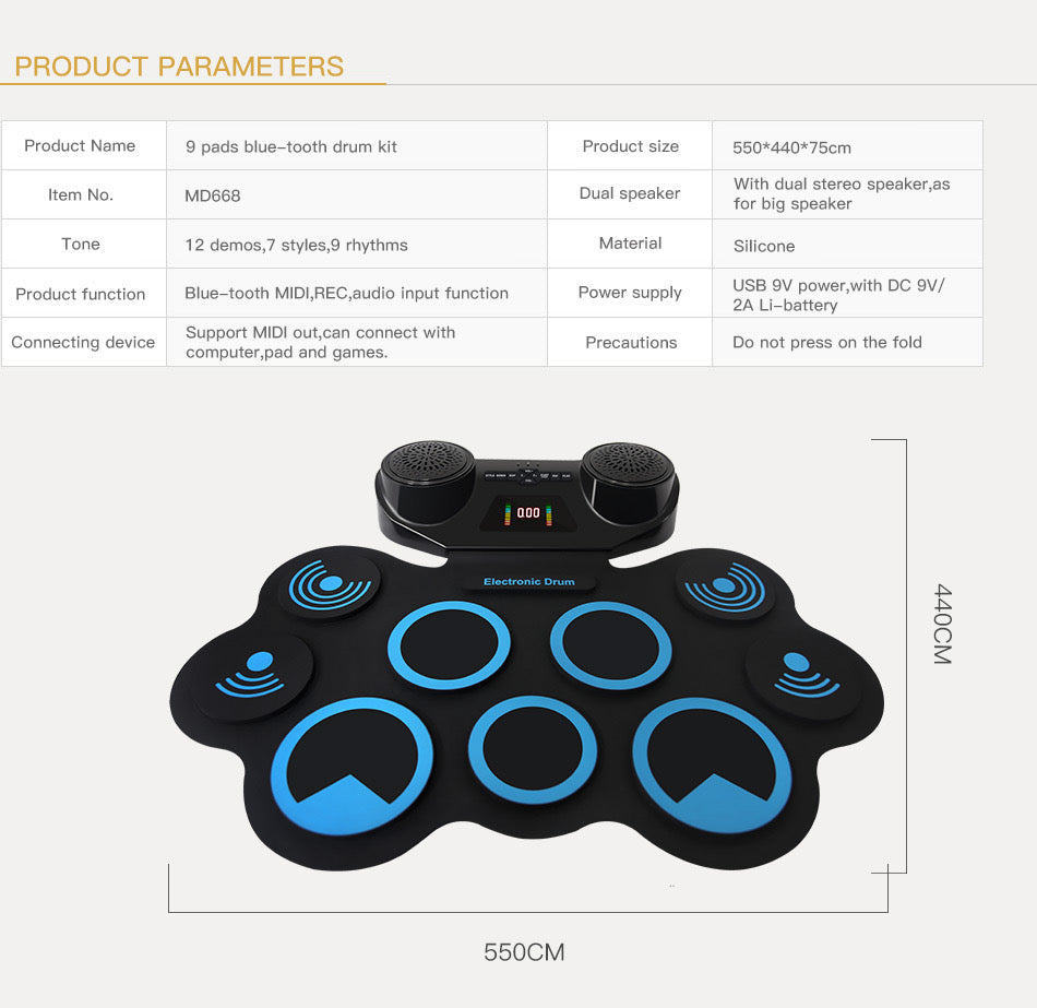 K-MD668 Portable Digital Drumset Professional Roll Up MIDI Drum Pads with Built-In Speaker and Sounds