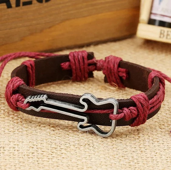 Alloy Guitar Pattern Leather Drawstring Rope Bracelet - Kalena