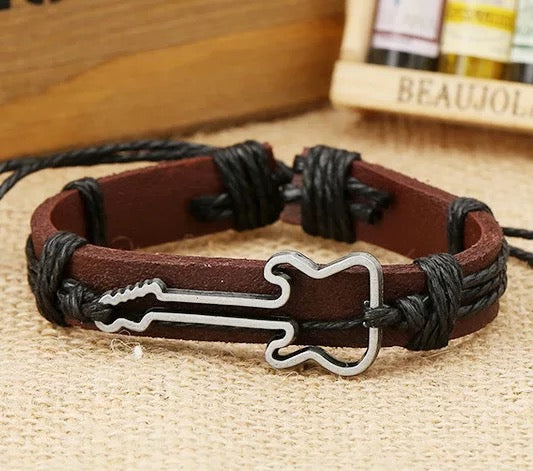 Alloy Guitar Pattern Leather Drawstring Rope Bracelet - Kalena