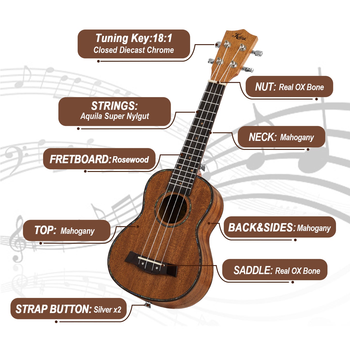 Kalena LM series Soprano Mahogany Ukulele with Celluloid Binding Traditional