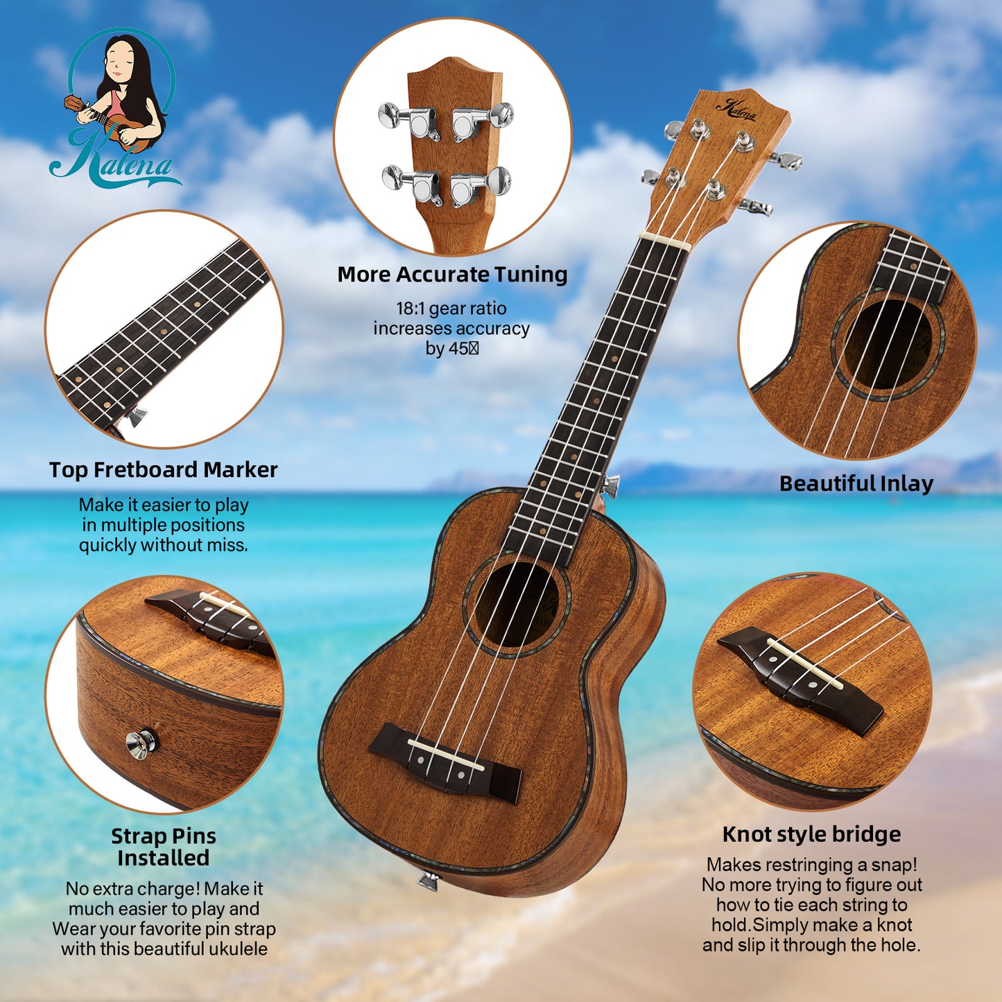 Kalena LM series Soprano Mahogany Ukulele with Celluloid Binding Traditional