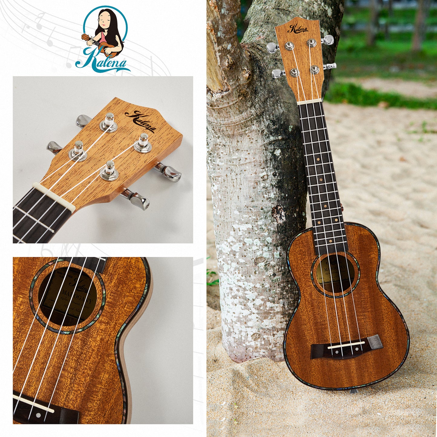 Kalena LM series Soprano Mahogany Ukulele with Celluloid Binding Traditional complete set: Strings, Picks, Strap, Digital Tuner, Padded Case, Starter Guide