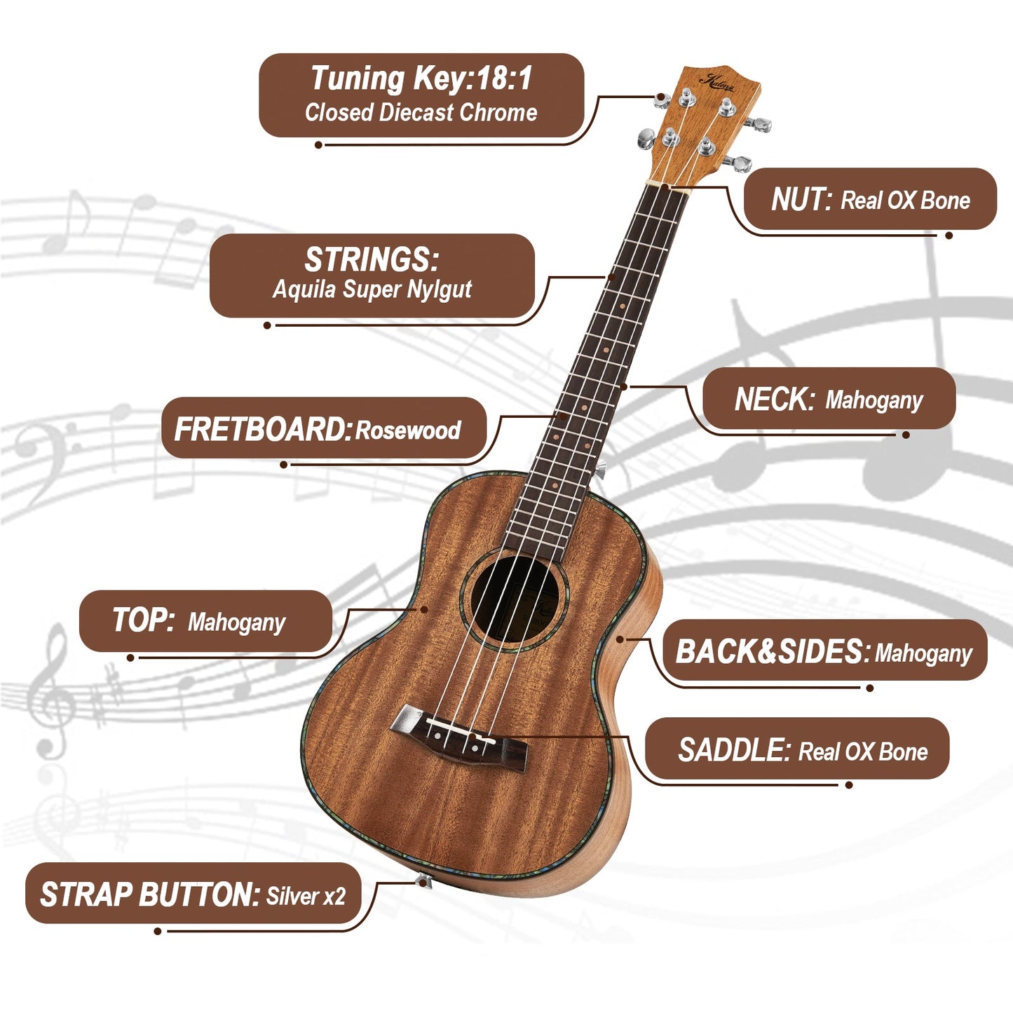 Kalena LM series Tenor Mahogany Ukulele with Celluloid Binding Traditional EQ complete set: Strings, Picks, Strap, Digital Tuner, Padded Case, Starter Guide