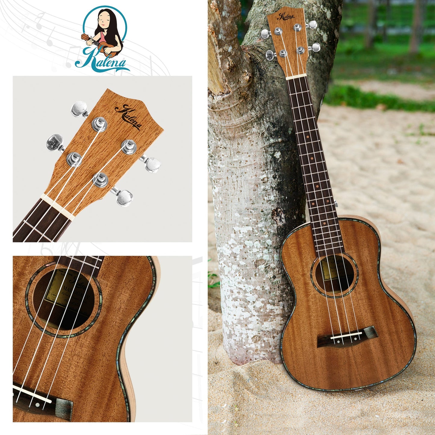 Kalena LM series Tenor Mahogany Ukulele with Celluloid Binding Traditional EQ complete set: Strings, Picks, Strap, Digital Tuner, Padded Case, Starter Guide