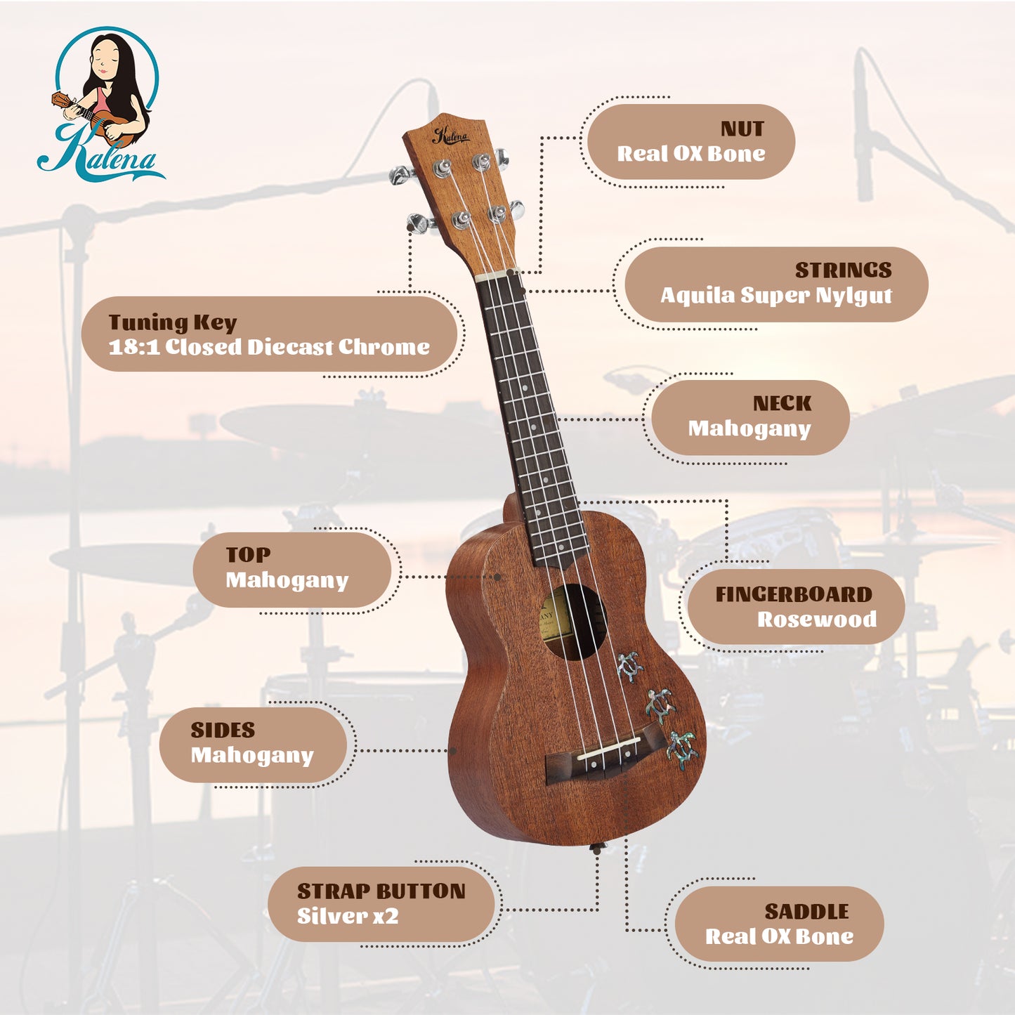 Kalena LM series Soprano Mahogany Ukulele Turtle inlay Traditional