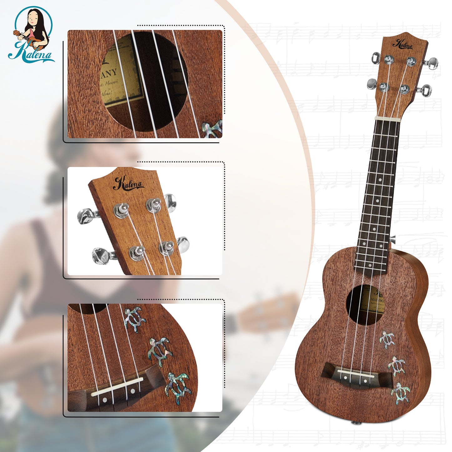 Kalena LM series Soprano Mahogany Ukulele Turtle inlay Traditional Complete Set