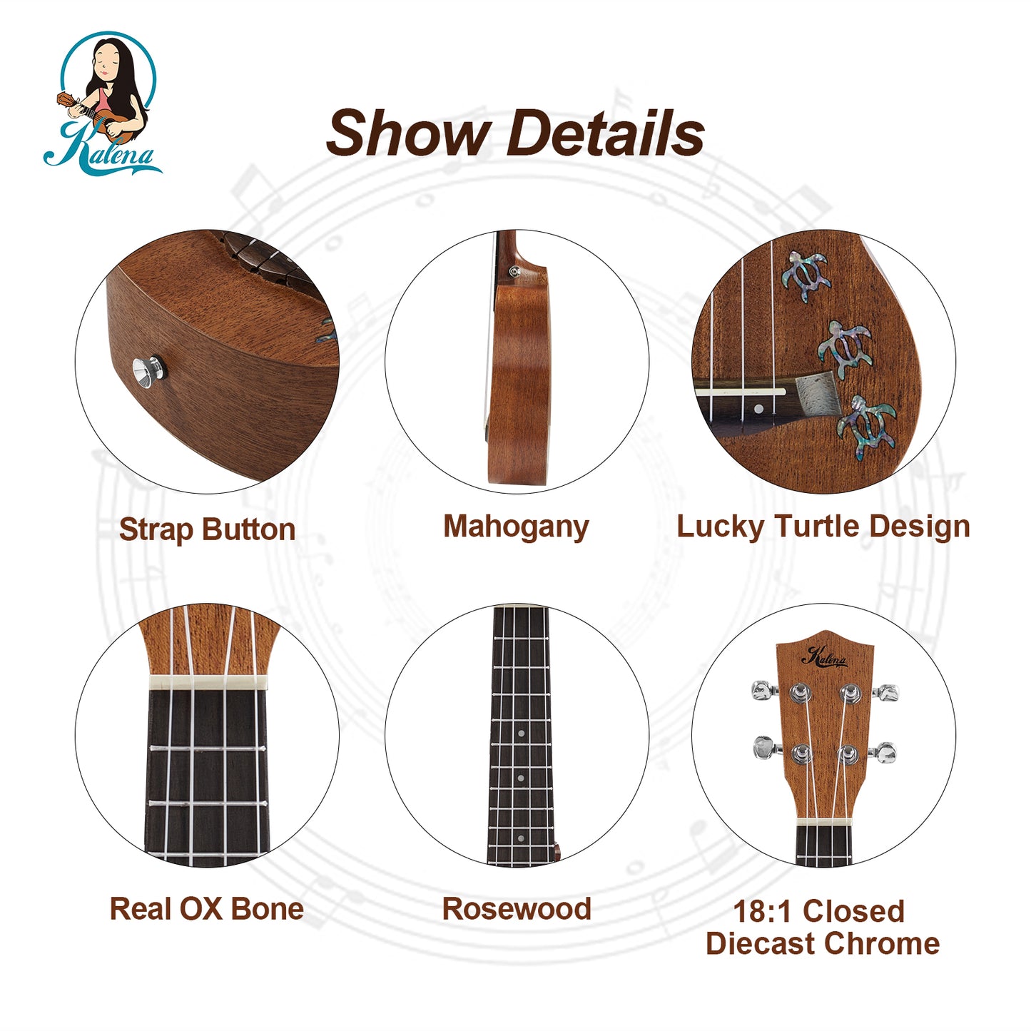 Kalena LM series Soprano Mahogany Ukulele Turtle inlay Traditional Complete Set