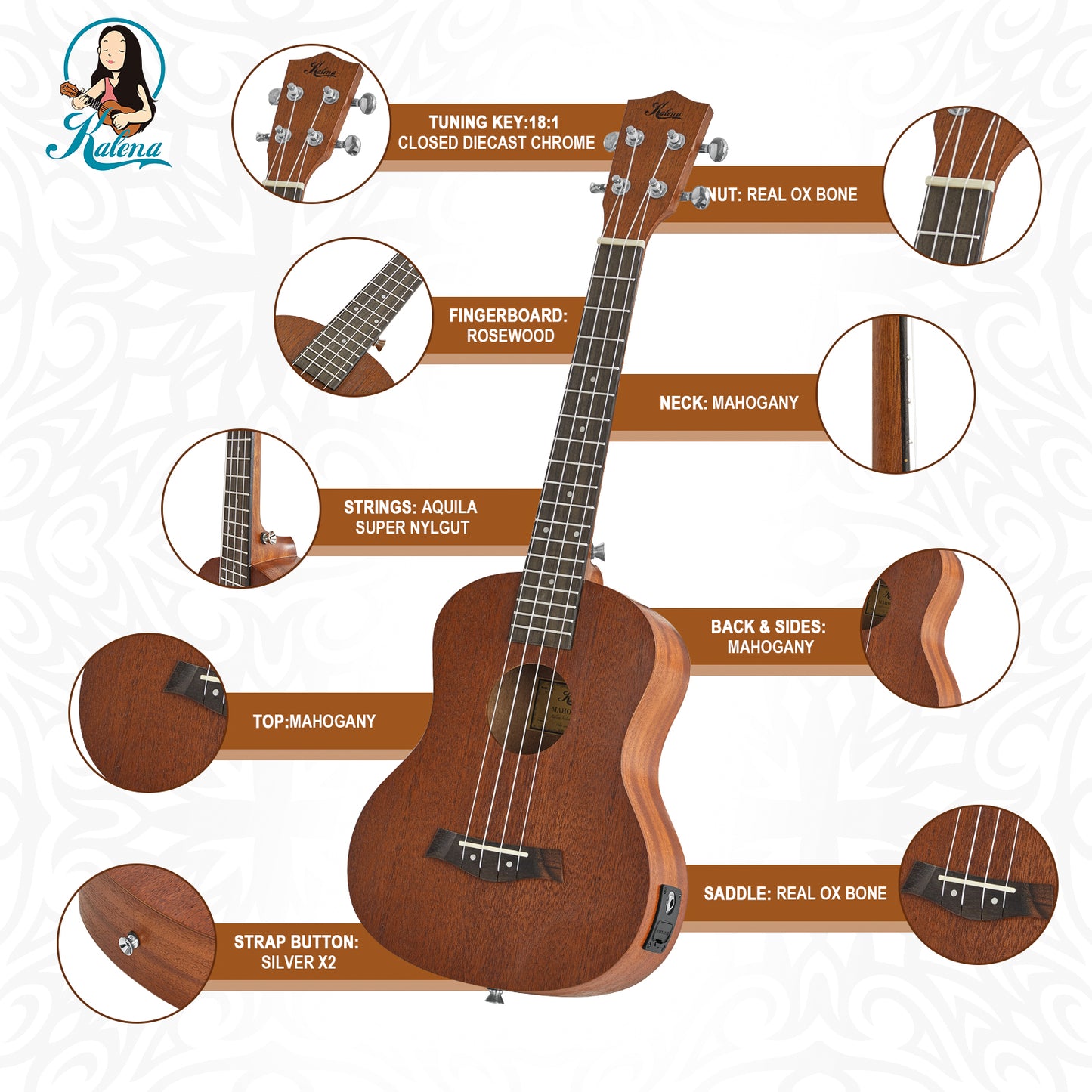 Kalena LM series Mahogany Ukulele Traditional Edition Tenor EQ pickup Warm Mahogany Complete Set: Strings, Picks, Strap, Digital Tuner, Padded Case, Starter Guide