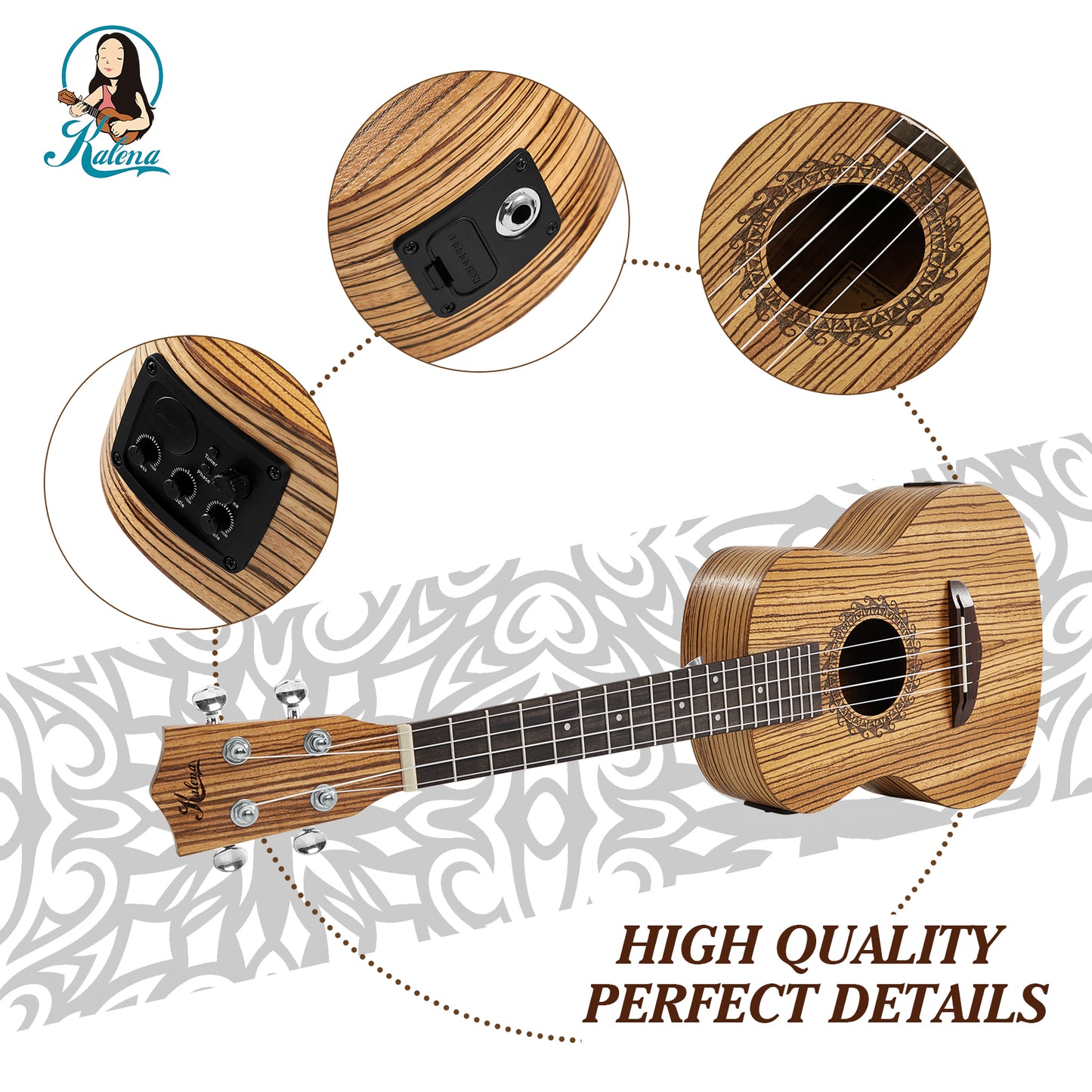 Kalena Tenor Zebrawood Ukulele with EQ Pickup