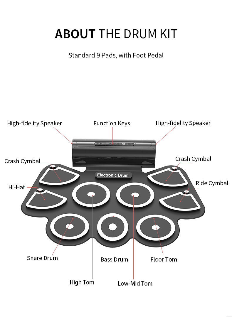 Roll Up Drum Pads 9 Pads with Pedal K-MD760