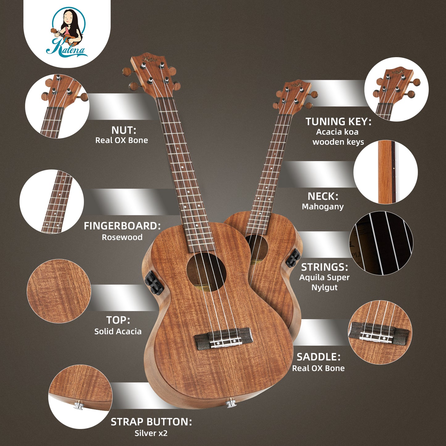 Kalena SA1-26FX Tenor All Solid Acacia Ukulele with FX