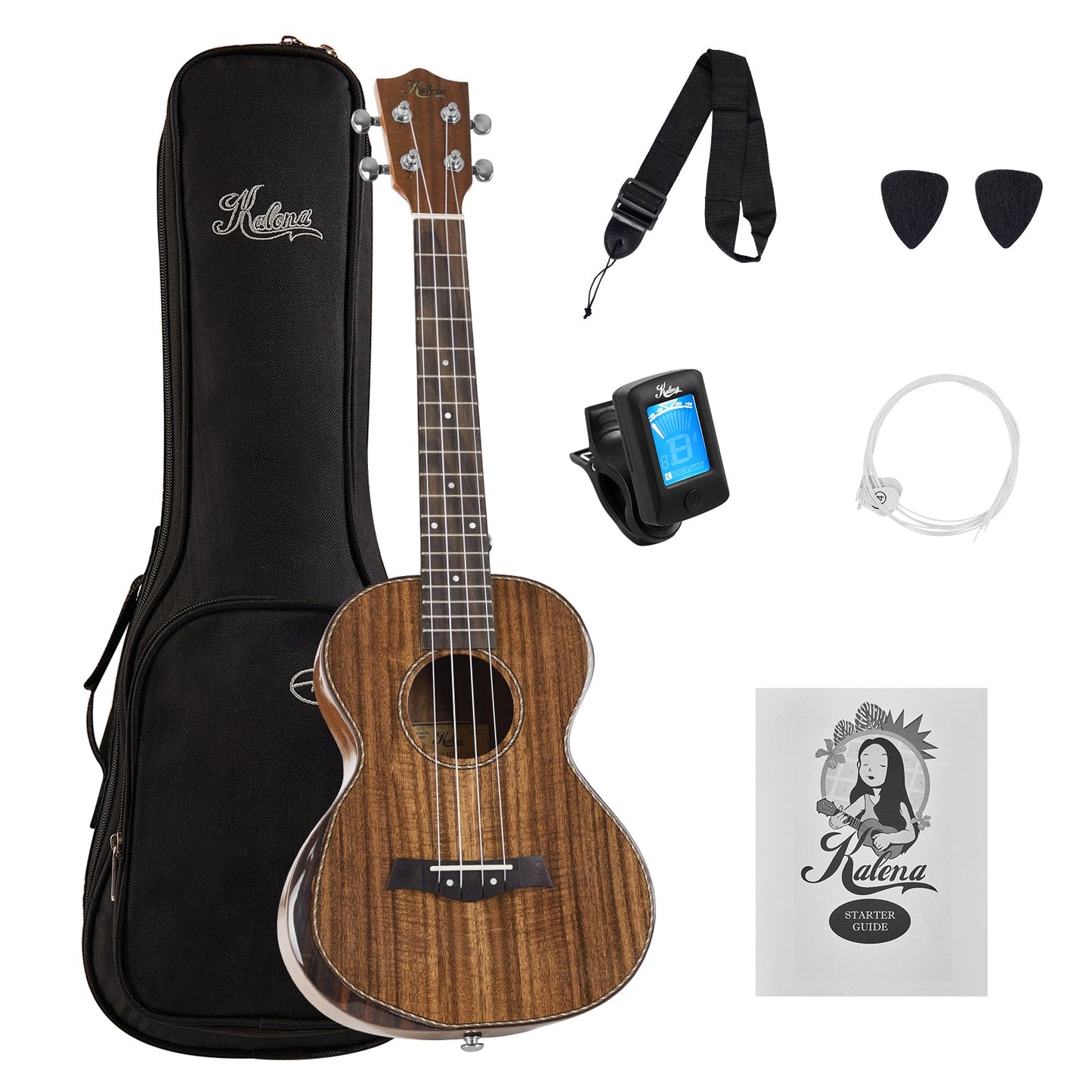 Kalena SA-T01 All Solid Acacia tenor ukulele with armrest and maple binding Complete Set: Strings, Picks, Strap, Digital Tuner, Padded Case, Starter Guide