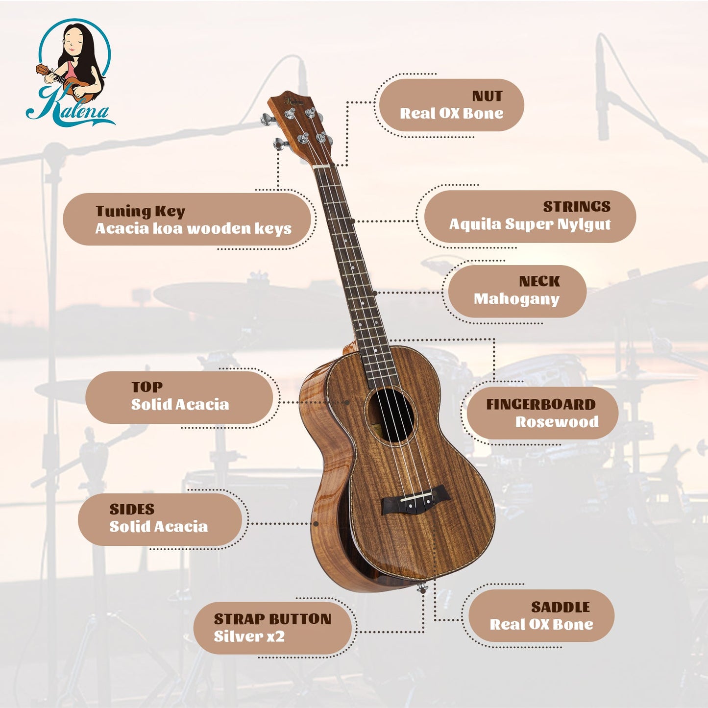 Kalena SA-T01 All Solid Acacia tenor ukulele with armrest and maple binding Complete Set: Strings, Picks, Strap, Digital Tuner, Padded Case, Starter Guide