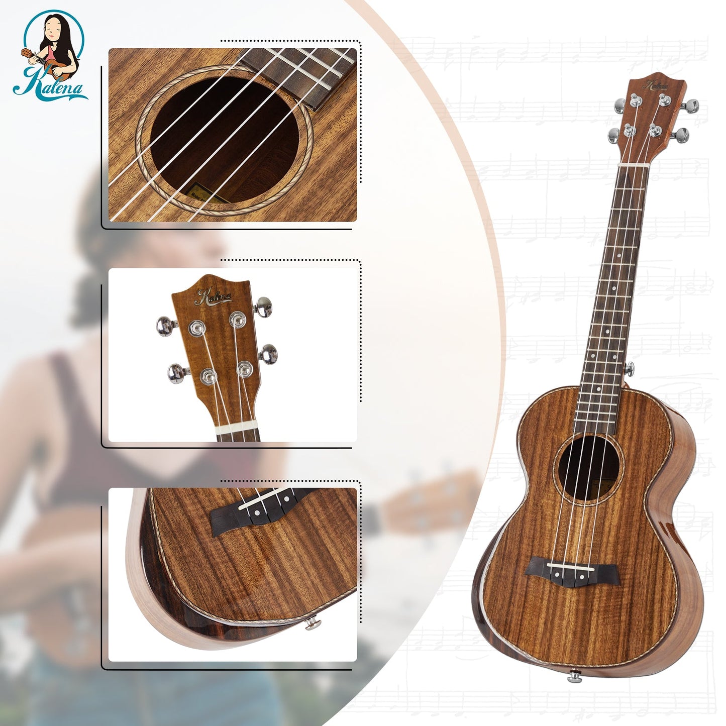 Kalena SA-T01 All Solid Acacia tenor ukulele with armrest and maple binding Complete Set: Strings, Picks, Strap, Digital Tuner, Padded Case, Starter Guide