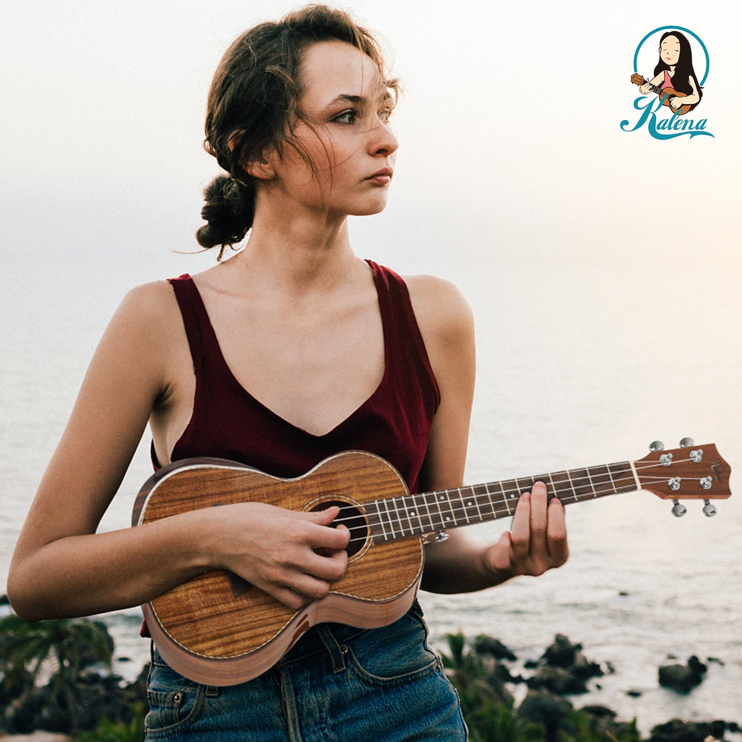 Kalena SA-T01 All Solid Acacia tenor ukulele with armrest and maple binding Complete Set: Strings, Picks, Strap, Digital Tuner, Padded Case, Starter Guide