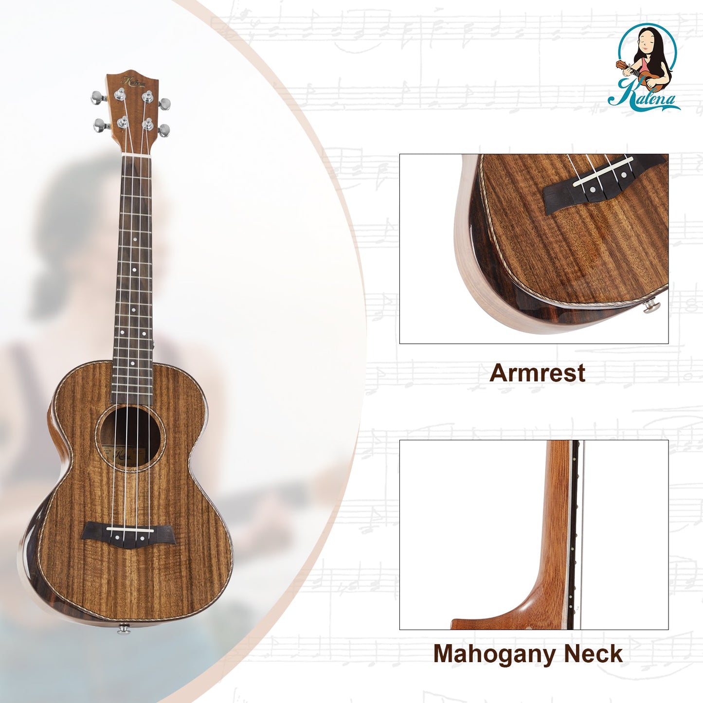 Kalena SA-T01 All Solid Acacia tenor ukulele with armrest and maple binding Complete Set: Strings, Picks, Strap, Digital Tuner, Padded Case, Starter Guide