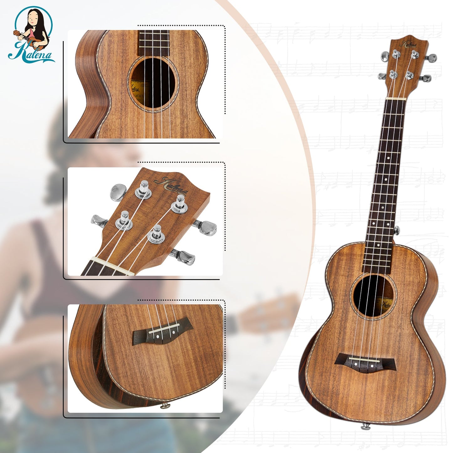 Kalena SA-T01 All Solid Acacia tenor ukulele with armrest and maple binding Complete Set: Strings, Picks, Strap, Digital Tuner, Padded Case, Starter Guide