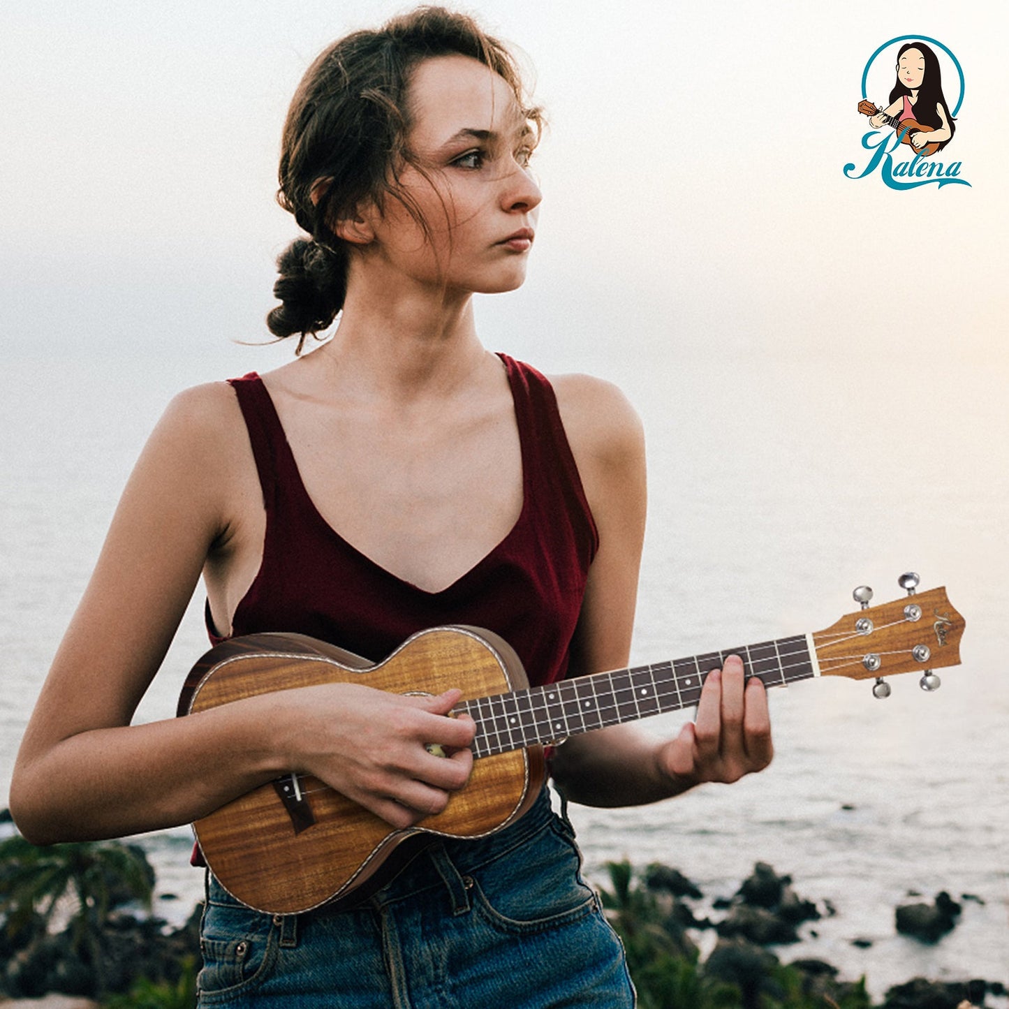 Kalena SA-T01 All Solid Acacia tenor ukulele with armrest and maple binding Complete Set