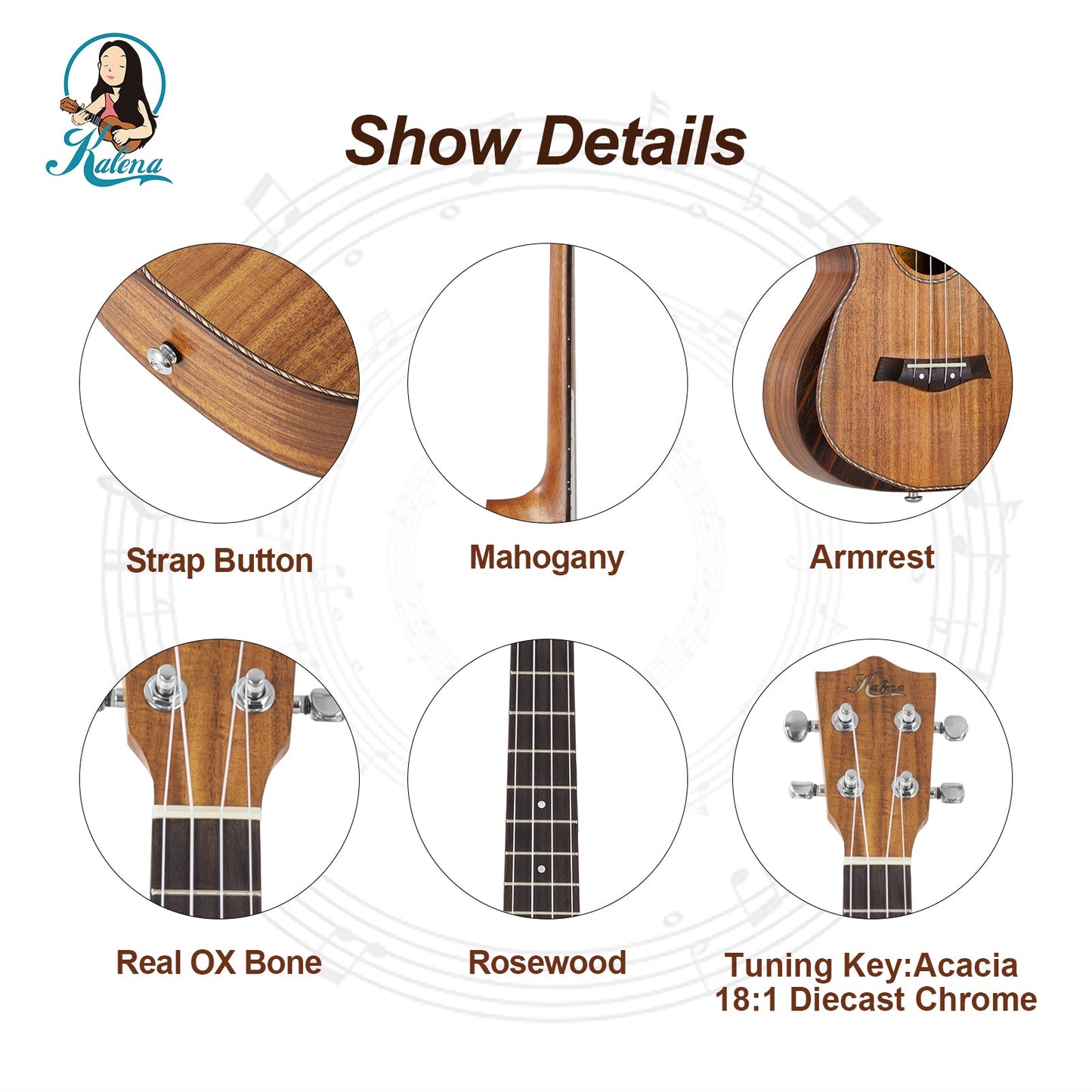 Kalena SA-T01 All Solid Acacia tenor ukulele with armrest and maple binding Complete Set: Strings, Picks, Strap, Digital Tuner, Padded Case, Starter Guide