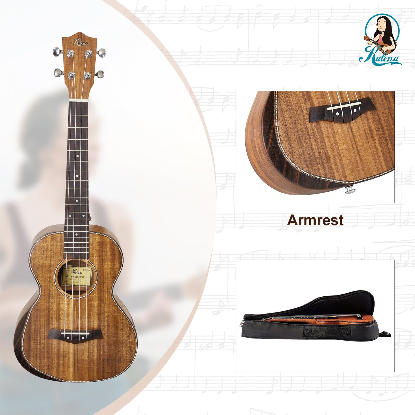 Kalena SA-T01 All Solid Acacia tenor ukulele with armrest and maple binding Complete Set: Strings, Picks, Strap, Digital Tuner, Padded Case, Starter Guide