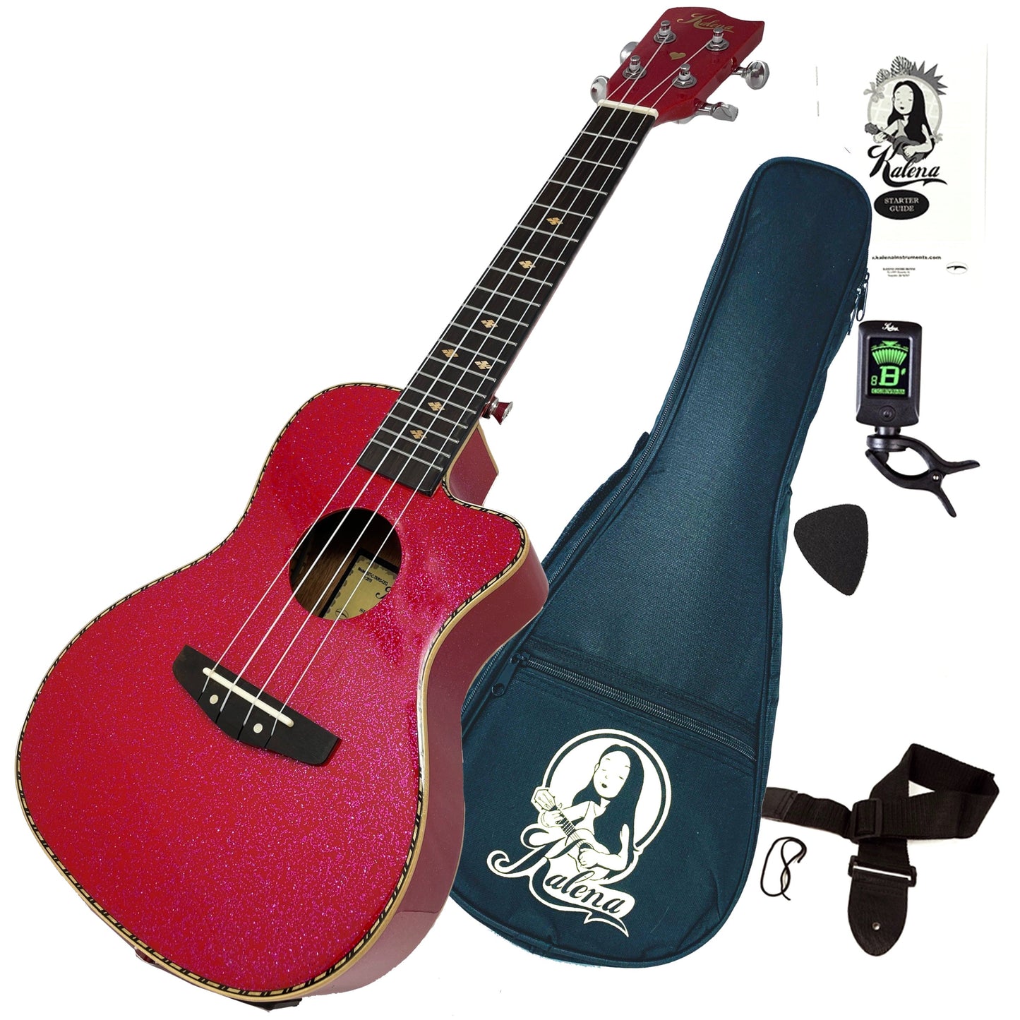 Kalena Sparkle Series Tenor EQ Pickup Solid Spruce Top Ukulele Complete Set: Strings, Picks, Strap, Digital Tuner, Padded Case, Starter Guide