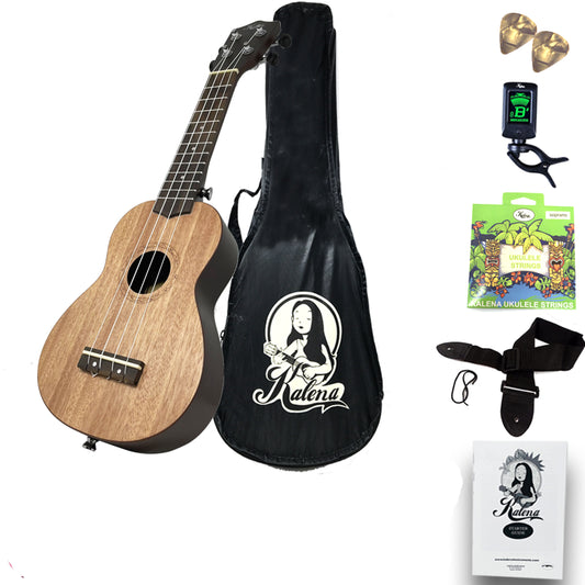 Kalena Mahogany Top Traditional Soprano Ukulele Keiki Complete Set: Strings, Picks, Strap, Digital Tuner, Case, Starter Guide