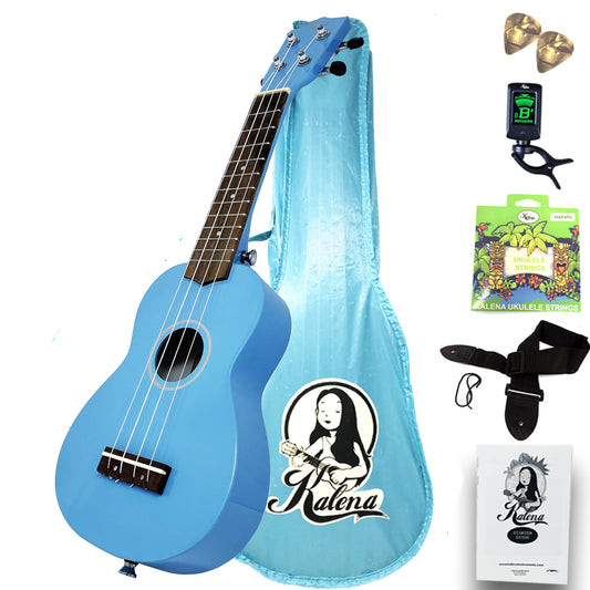 Kalena Basswood Top Soprano Traditional Ukulele Keiki Complete Set (Blue): Strings, Picks, Strap, Digital Tuner, Case, Starter Guide